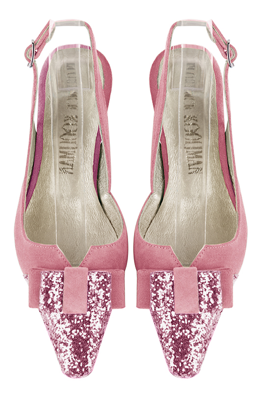 Carnation pink women's open back shoes, with a knot. Tapered toe. Low spool heels. Top view - Florence KOOIJMAN